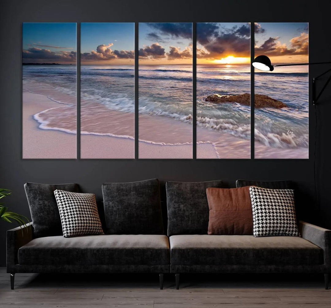 The modern living room is highlighted by a Sea Ocean Sunset Beach Wall Art Canvas Print on the wall, adding a serene coastal touch to the space.