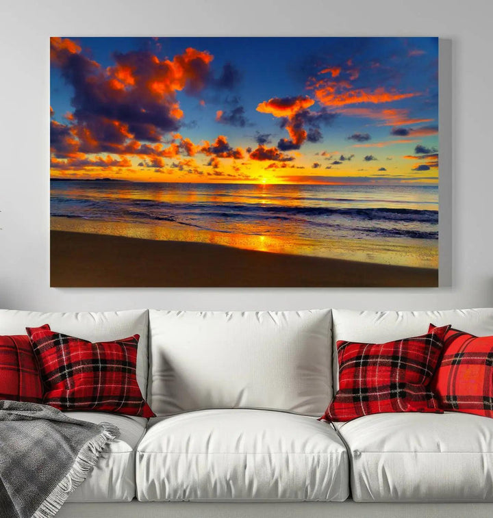 Three-panel Sea Ocean Sunset Beach Wall Art Canvas Print showcasing a vibrant ocean sunset.