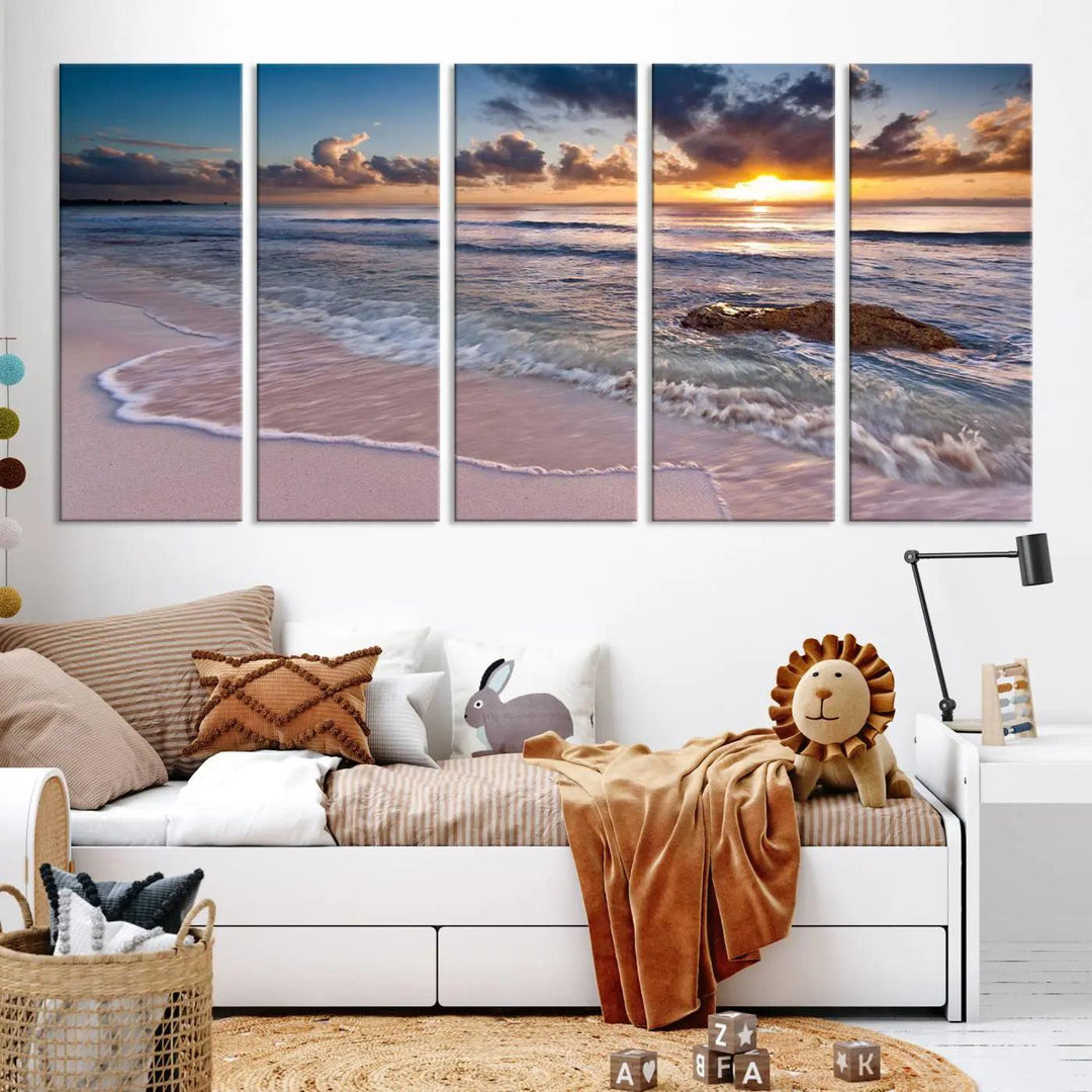 The modern living room is highlighted by a Sea Ocean Sunset Beach Wall Art Canvas Print on the wall, adding a serene coastal touch to the space.