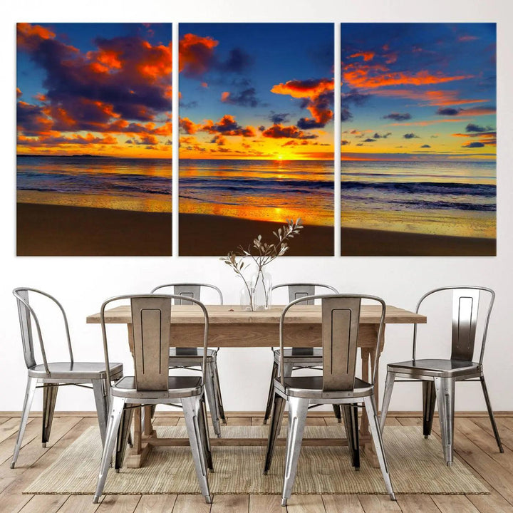 Three-panel Sea Ocean Sunset Beach Wall Art Canvas Print showcasing a vibrant ocean sunset.