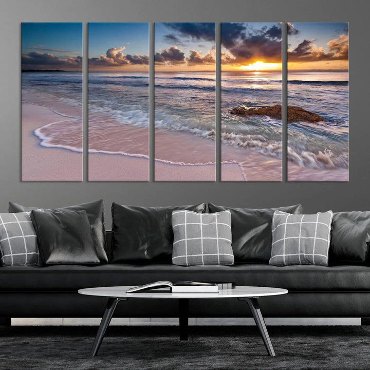 The modern living room is highlighted by a Sea Ocean Sunset Beach Wall Art Canvas Print on the wall, adding a serene coastal touch to the space.