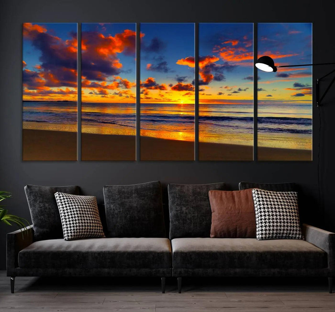 Three-panel Sea Ocean Sunset Beach Wall Art Canvas Print showcasing a vibrant ocean sunset.