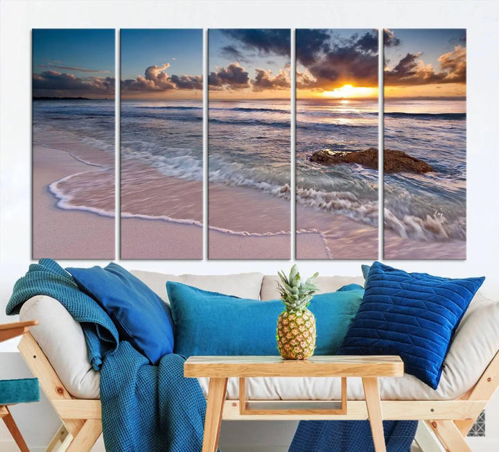 The modern living room is highlighted by a Sea Ocean Sunset Beach Wall Art Canvas Print on the wall, adding a serene coastal touch to the space.