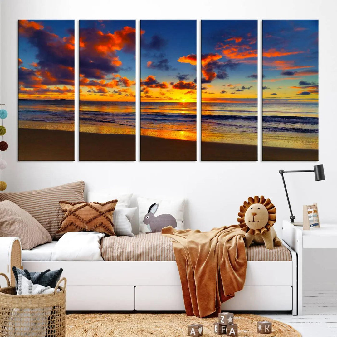 Three-panel Sea Ocean Sunset Beach Wall Art Canvas Print showcasing a vibrant ocean sunset.