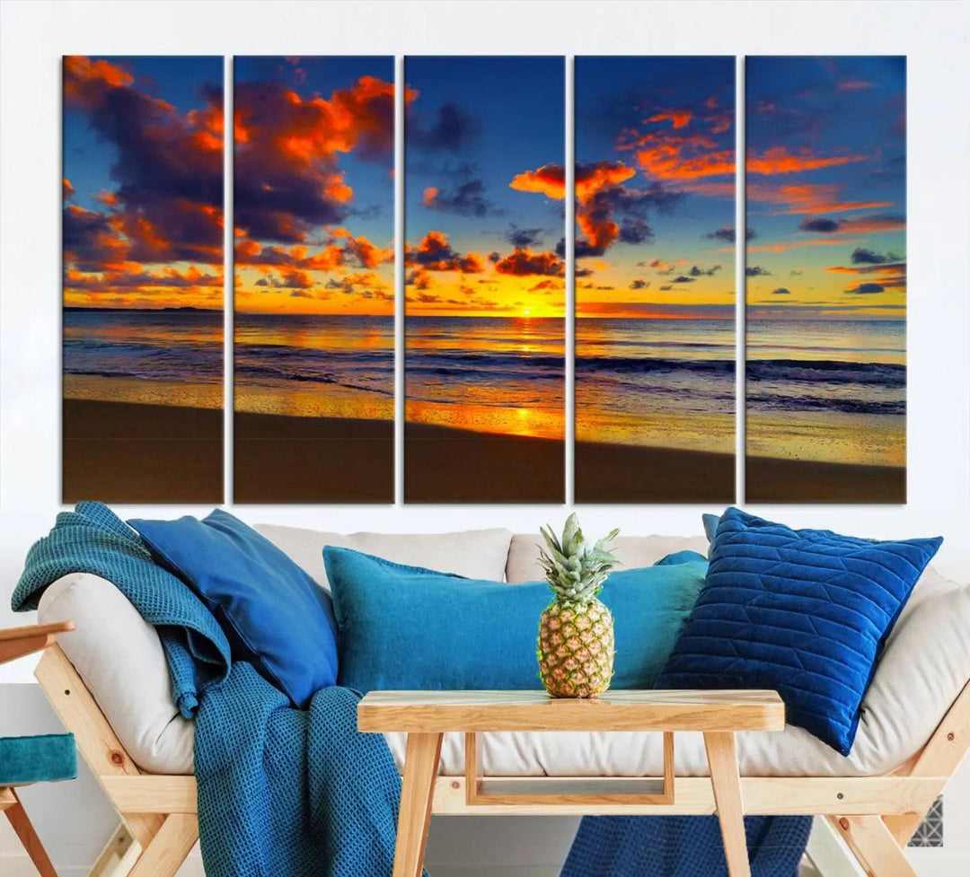 Three-panel Sea Ocean Sunset Beach Wall Art Canvas Print showcasing a vibrant ocean sunset.