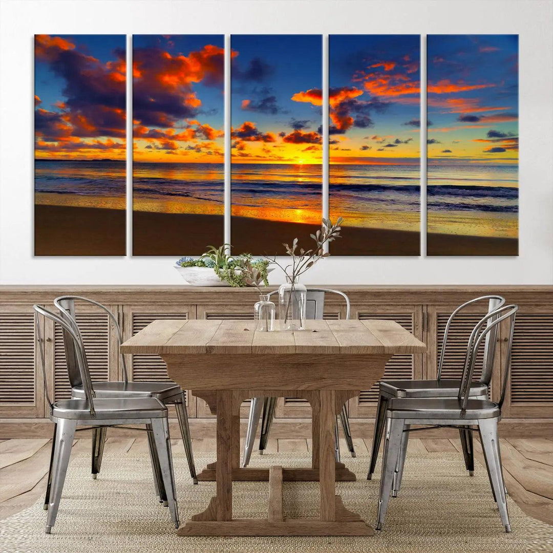 Three-panel Sea Ocean Sunset Beach Wall Art Canvas Print showcasing a vibrant ocean sunset.