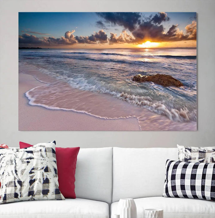 The modern living room is highlighted by a Sea Ocean Sunset Beach Wall Art Canvas Print on the wall, adding a serene coastal touch to the space.