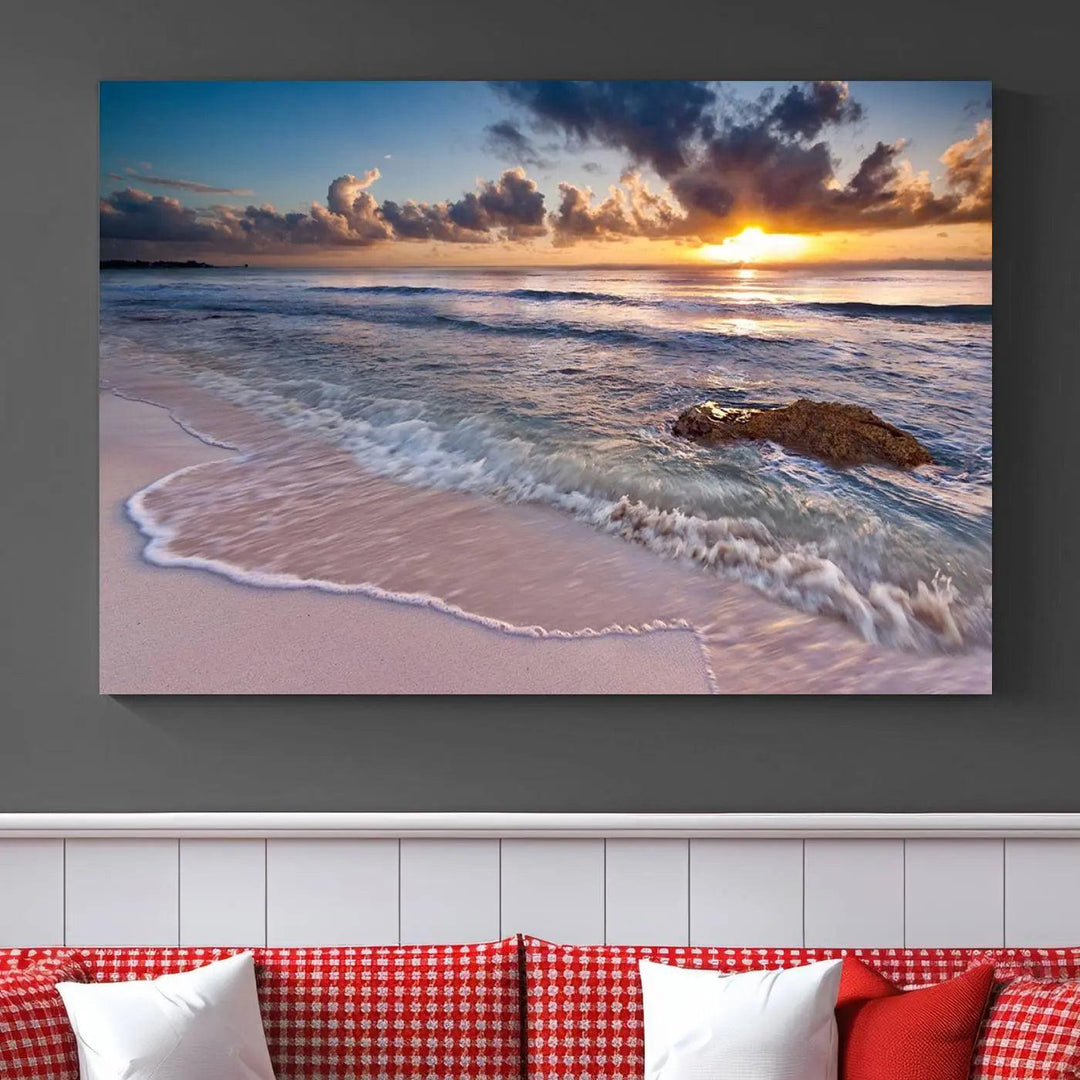 The modern living room is highlighted by a Sea Ocean Sunset Beach Wall Art Canvas Print on the wall, adding a serene coastal touch to the space.