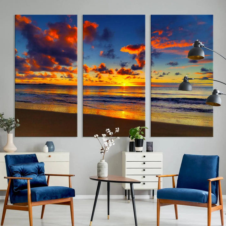 Three-panel Sea Ocean Sunset Beach Wall Art Canvas Print showcasing a vibrant ocean sunset.