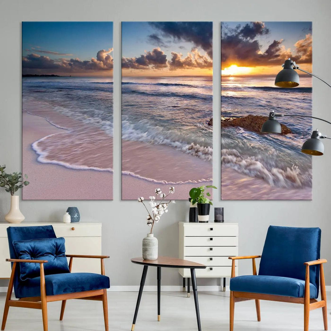 The modern living room is highlighted by a Sea Ocean Sunset Beach Wall Art Canvas Print on the wall, adding a serene coastal touch to the space.