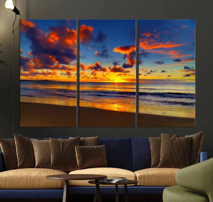 Three-panel Sea Ocean Sunset Beach Wall Art Canvas Print showcasing a vibrant ocean sunset.