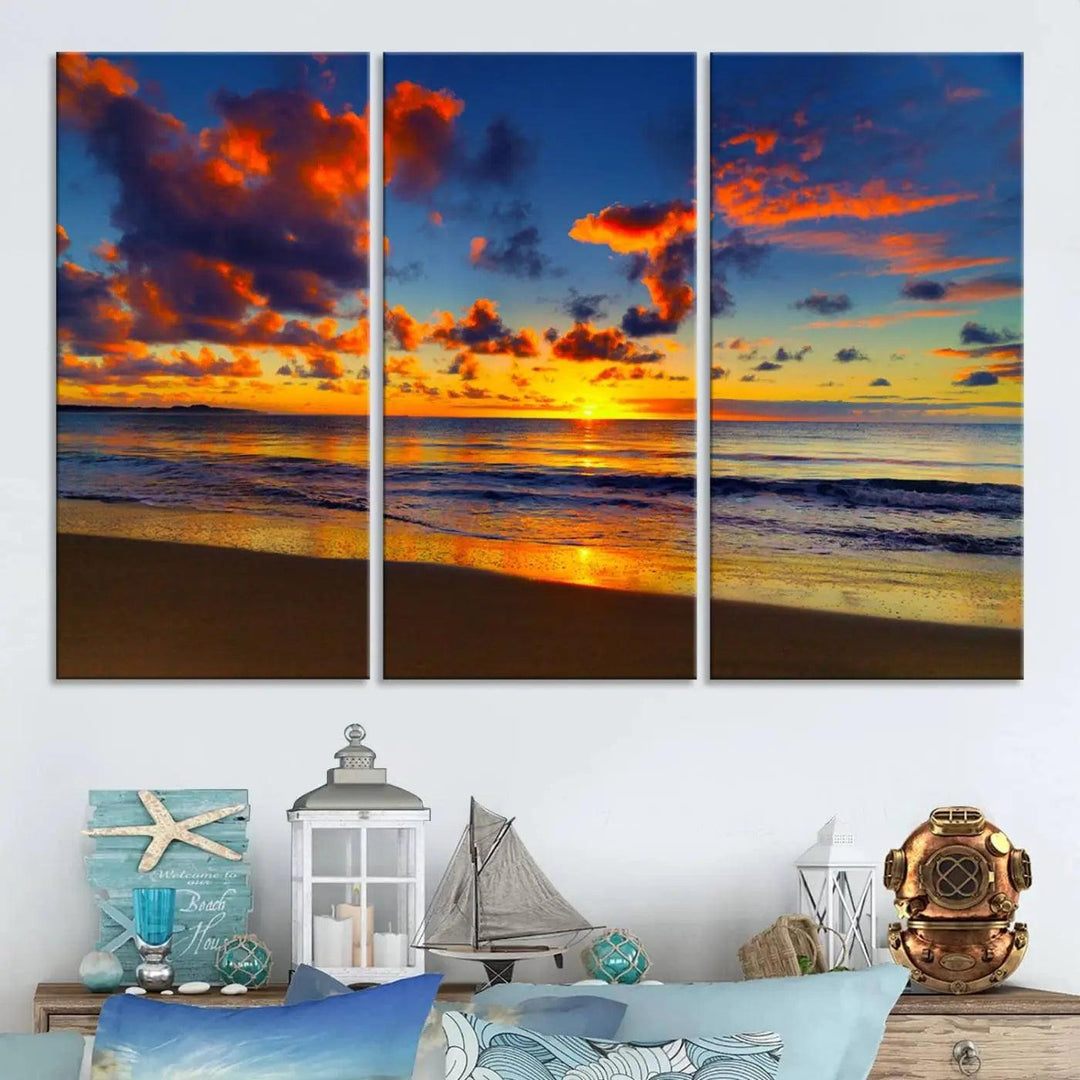 Three-panel Sea Ocean Sunset Beach Wall Art Canvas Print showcasing a vibrant ocean sunset.