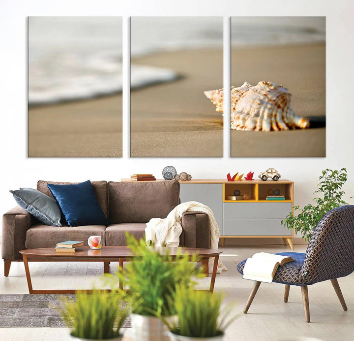 The triptych artwork titled "Sea Shell on the Beach Canvas Wall Art Beach Canvas Print" showcases a seashell on a sandy beach with ocean waves in the background, creating a stunning piece of coastal wall decor.