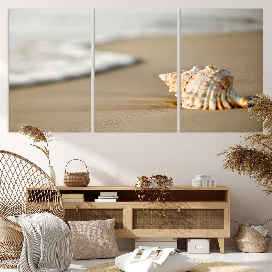 The triptych artwork titled "Sea Shell on the Beach Canvas Wall Art Beach Canvas Print" showcases a seashell on a sandy beach with ocean waves in the background, creating a stunning piece of coastal wall decor.