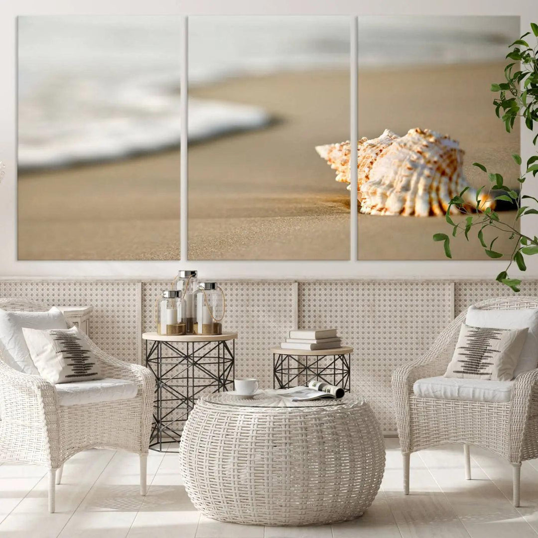 The triptych artwork titled "Sea Shell on the Beach Canvas Wall Art Beach Canvas Print" showcases a seashell on a sandy beach with ocean waves in the background, creating a stunning piece of coastal wall decor.