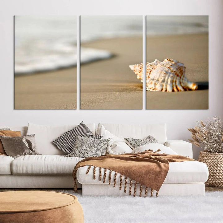 The triptych artwork titled "Sea Shell on the Beach Canvas Wall Art Beach Canvas Print" showcases a seashell on a sandy beach with ocean waves in the background, creating a stunning piece of coastal wall decor.