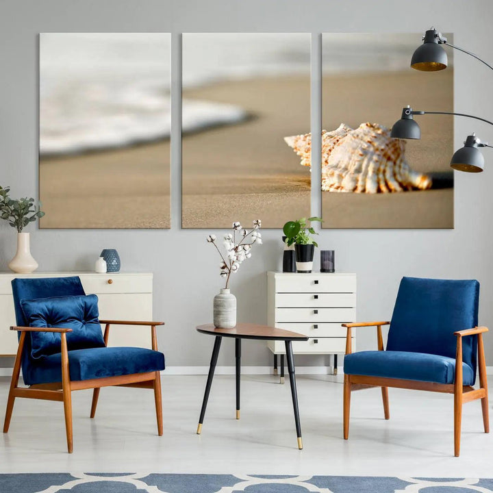 The triptych artwork titled "Sea Shell on the Beach Canvas Wall Art Beach Canvas Print" showcases a seashell on a sandy beach with ocean waves in the background, creating a stunning piece of coastal wall decor.