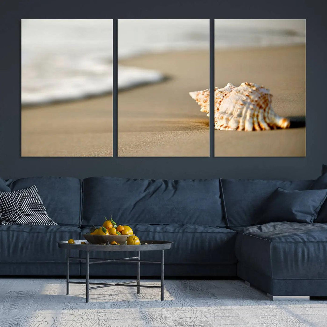 The triptych artwork titled "Sea Shell on the Beach Canvas Wall Art Beach Canvas Print" showcases a seashell on a sandy beach with ocean waves in the background, creating a stunning piece of coastal wall decor.