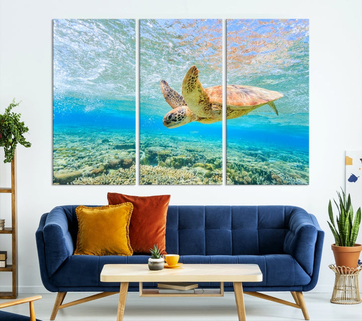 The "Sea Turtle Wall Art Canvas Print" features an enchanting scene of a sea turtle swimming underwater over coral. Crafted on museum-quality canvas with a UV-protective coating, this piece combines elegance and durability. Enjoy free shipping with your purchase.