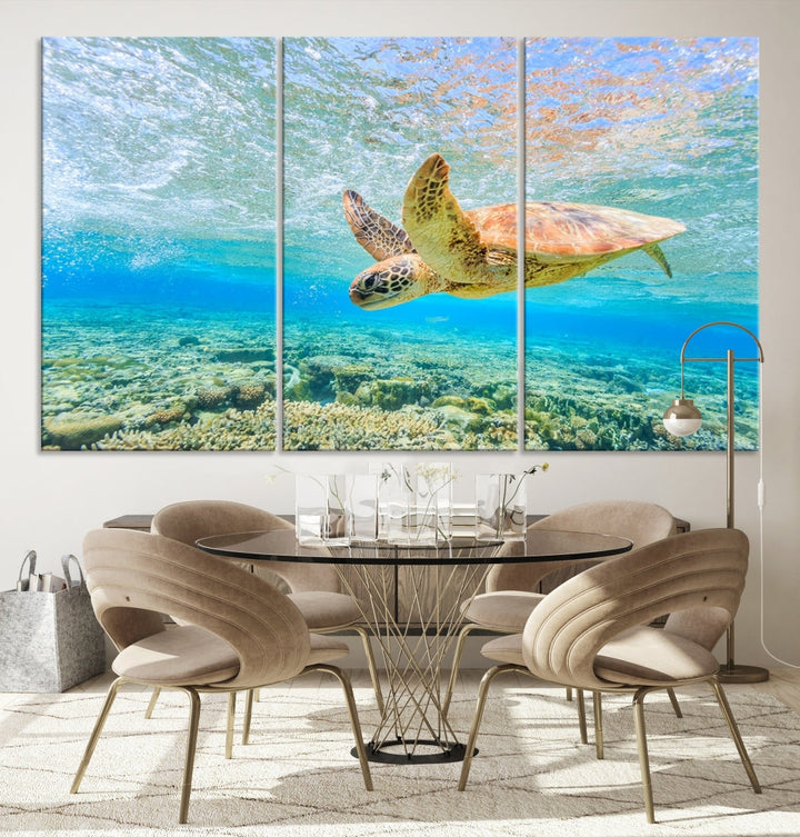 The "Sea Turtle Wall Art Canvas Print" features an enchanting scene of a sea turtle swimming underwater over coral. Crafted on museum-quality canvas with a UV-protective coating, this piece combines elegance and durability. Enjoy free shipping with your purchase.