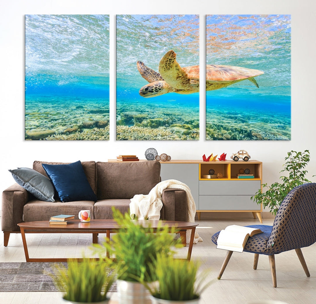 The "Sea Turtle Wall Art Canvas Print" features an enchanting scene of a sea turtle swimming underwater over coral. Crafted on museum-quality canvas with a UV-protective coating, this piece combines elegance and durability. Enjoy free shipping with your purchase.