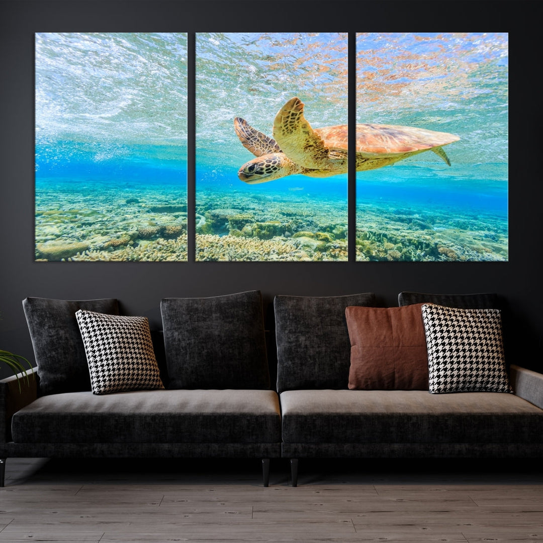 The "Sea Turtle Wall Art Canvas Print" features an enchanting scene of a sea turtle swimming underwater over coral. Crafted on museum-quality canvas with a UV-protective coating, this piece combines elegance and durability. Enjoy free shipping with your purchase.