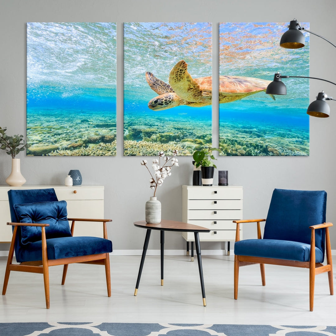 The "Sea Turtle Wall Art Canvas Print" features an enchanting scene of a sea turtle swimming underwater over coral. Crafted on museum-quality canvas with a UV-protective coating, this piece combines elegance and durability. Enjoy free shipping with your purchase.