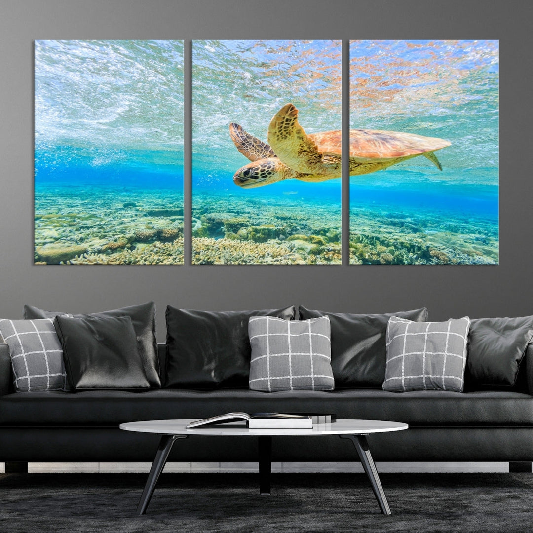 The "Sea Turtle Wall Art Canvas Print" features an enchanting scene of a sea turtle swimming underwater over coral. Crafted on museum-quality canvas with a UV-protective coating, this piece combines elegance and durability. Enjoy free shipping with your purchase.