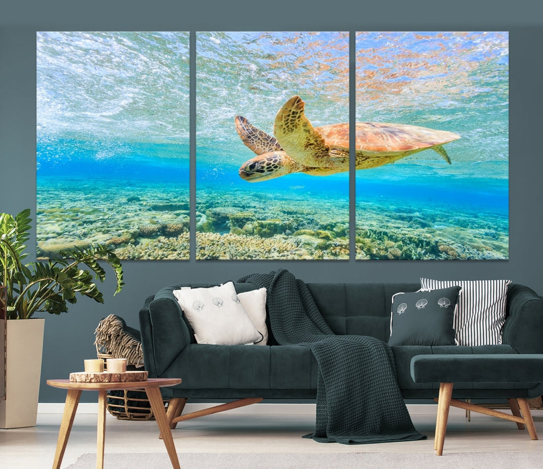 The "Sea Turtle Wall Art Canvas Print" features an enchanting scene of a sea turtle swimming underwater over coral. Crafted on museum-quality canvas with a UV-protective coating, this piece combines elegance and durability. Enjoy free shipping with your purchase.