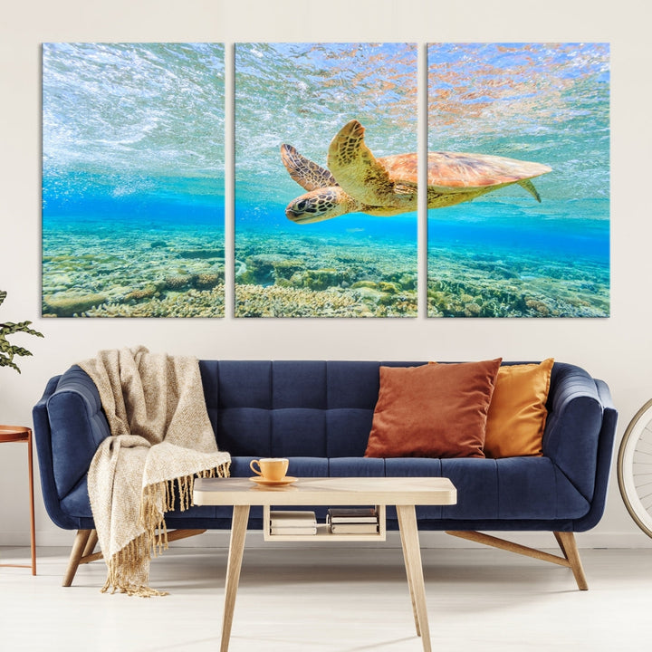 The "Sea Turtle Wall Art Canvas Print" features an enchanting scene of a sea turtle swimming underwater over coral. Crafted on museum-quality canvas with a UV-protective coating, this piece combines elegance and durability. Enjoy free shipping with your purchase.