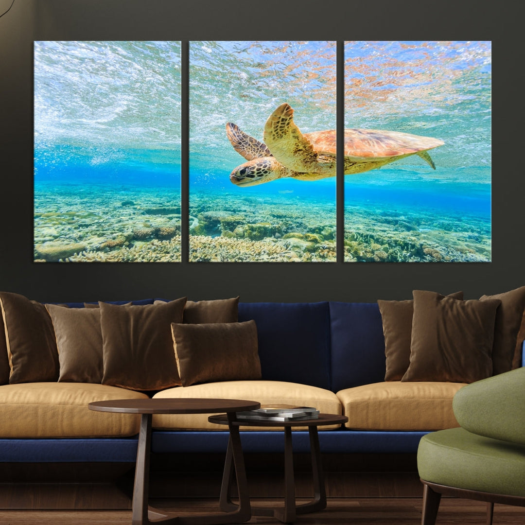 The "Sea Turtle Wall Art Canvas Print" features an enchanting scene of a sea turtle swimming underwater over coral. Crafted on museum-quality canvas with a UV-protective coating, this piece combines elegance and durability. Enjoy free shipping with your purchase.