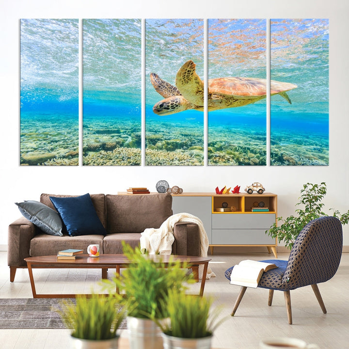 The "Sea Turtle Wall Art Canvas Print" features an enchanting scene of a sea turtle swimming underwater over coral. Crafted on museum-quality canvas with a UV-protective coating, this piece combines elegance and durability. Enjoy free shipping with your purchase.