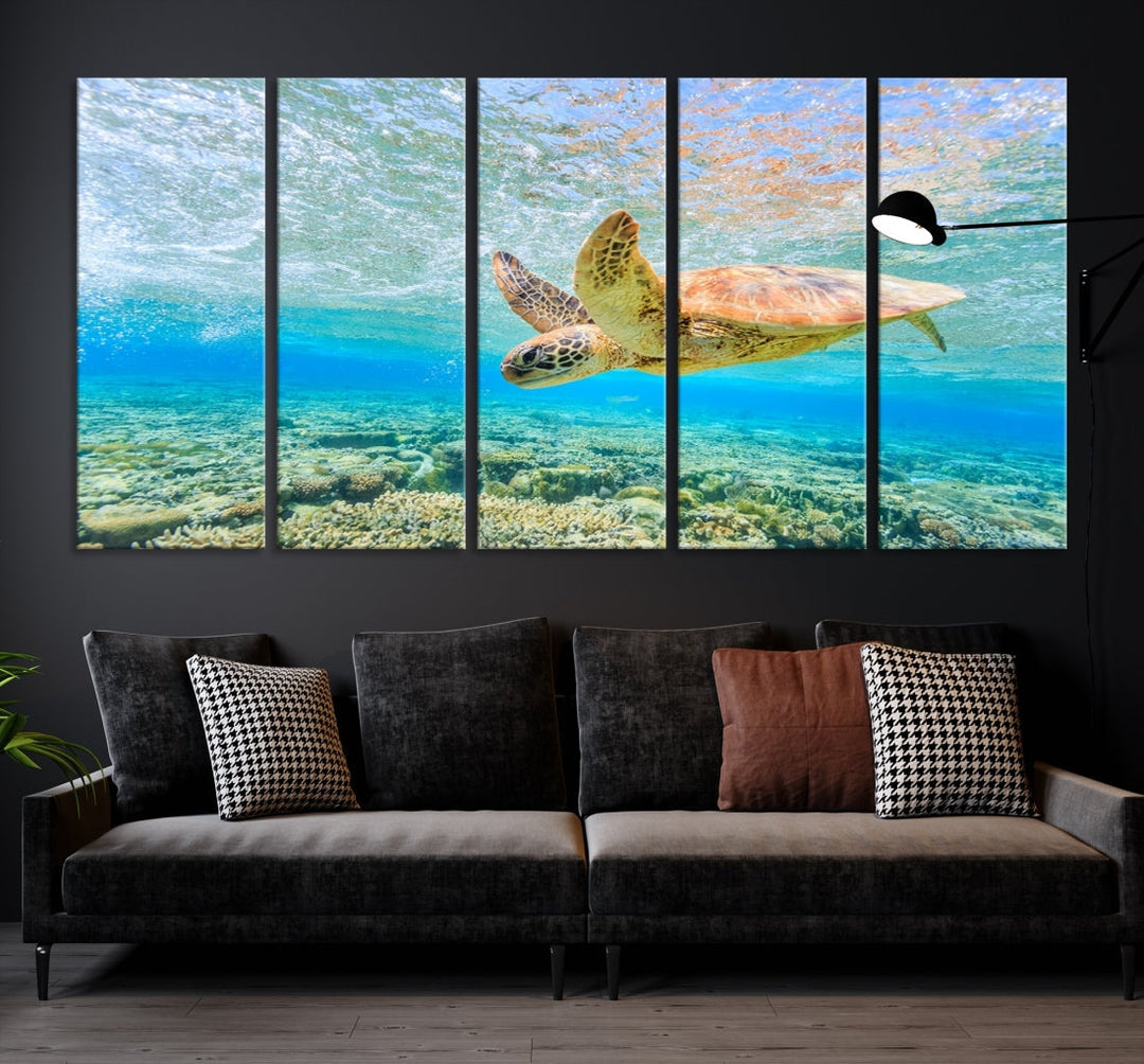 The "Sea Turtle Wall Art Canvas Print" features an enchanting scene of a sea turtle swimming underwater over coral. Crafted on museum-quality canvas with a UV-protective coating, this piece combines elegance and durability. Enjoy free shipping with your purchase.