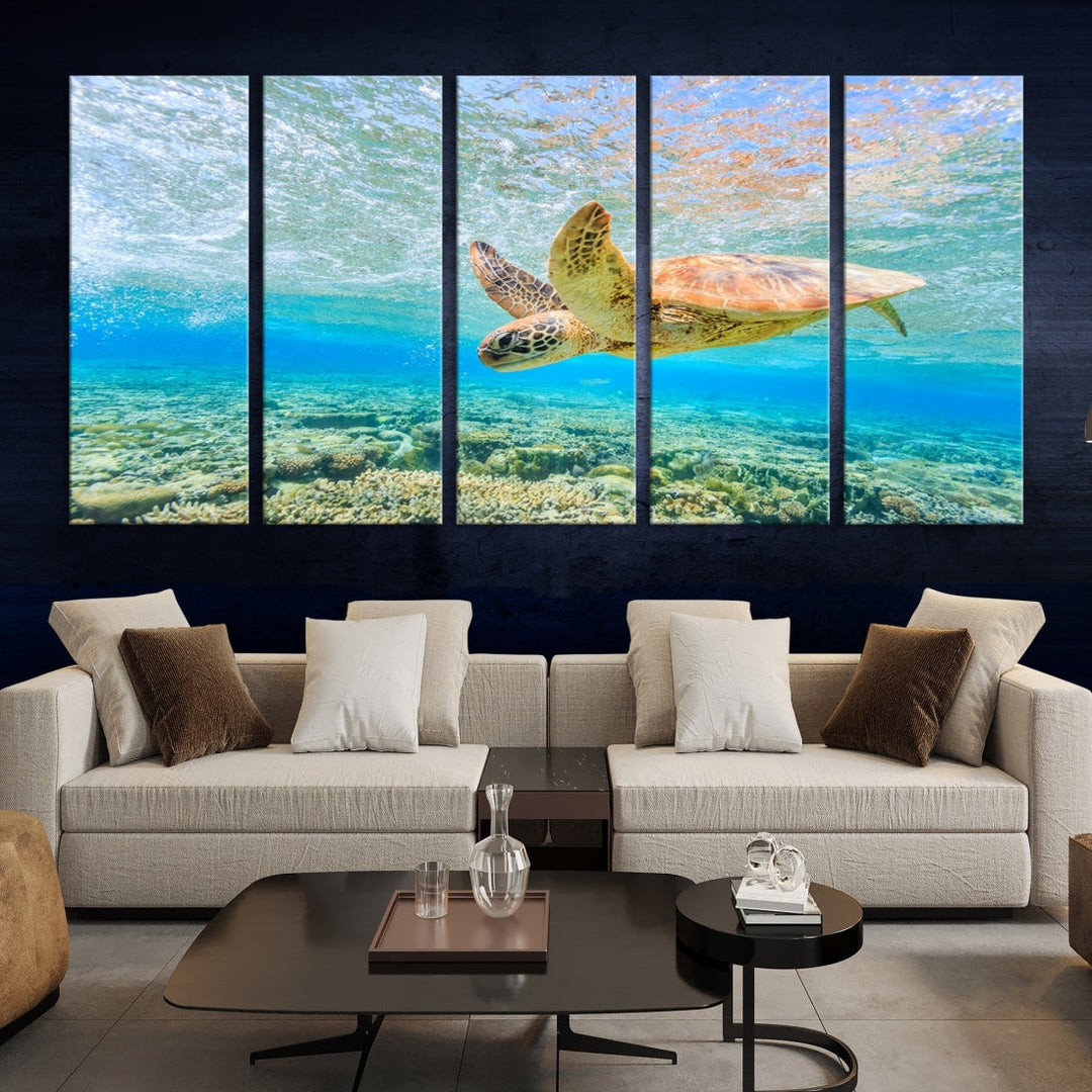 The "Sea Turtle Wall Art Canvas Print" features an enchanting scene of a sea turtle swimming underwater over coral. Crafted on museum-quality canvas with a UV-protective coating, this piece combines elegance and durability. Enjoy free shipping with your purchase.