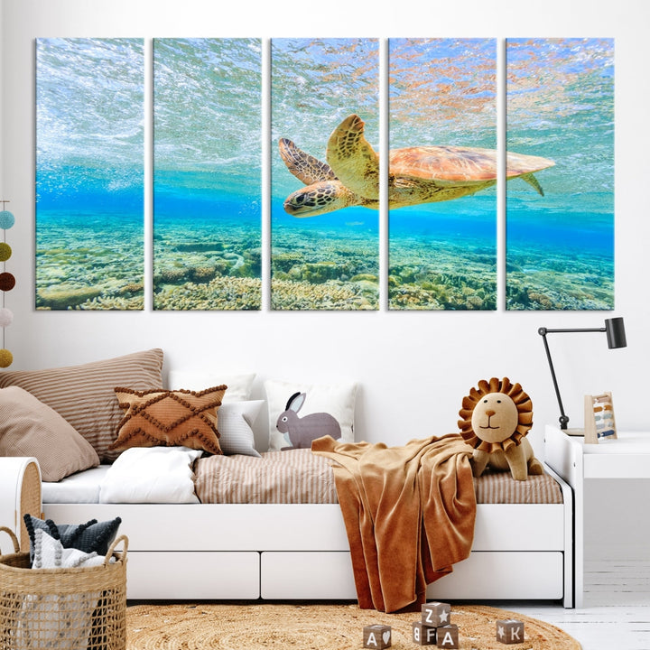 The "Sea Turtle Wall Art Canvas Print" features an enchanting scene of a sea turtle swimming underwater over coral. Crafted on museum-quality canvas with a UV-protective coating, this piece combines elegance and durability. Enjoy free shipping with your purchase.