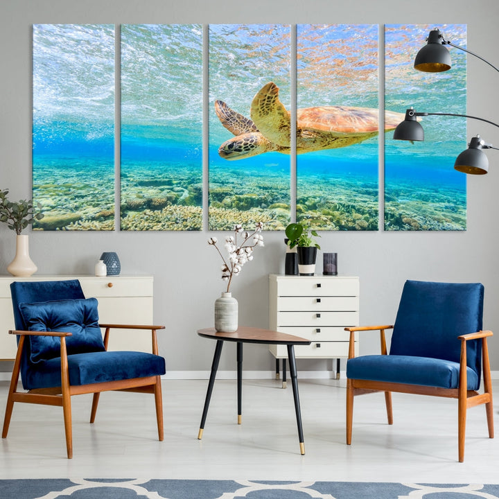 The "Sea Turtle Wall Art Canvas Print" features an enchanting scene of a sea turtle swimming underwater over coral. Crafted on museum-quality canvas with a UV-protective coating, this piece combines elegance and durability. Enjoy free shipping with your purchase.