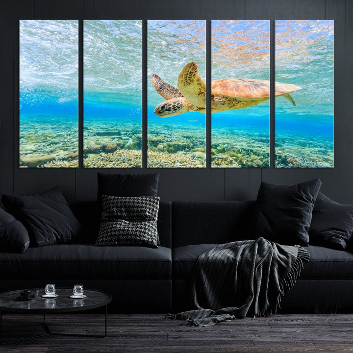 The "Sea Turtle Wall Art Canvas Print" features an enchanting scene of a sea turtle swimming underwater over coral. Crafted on museum-quality canvas with a UV-protective coating, this piece combines elegance and durability. Enjoy free shipping with your purchase.