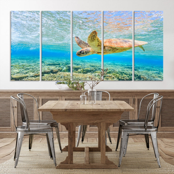 The "Sea Turtle Wall Art Canvas Print" features an enchanting scene of a sea turtle swimming underwater over coral. Crafted on museum-quality canvas with a UV-protective coating, this piece combines elegance and durability. Enjoy free shipping with your purchase.