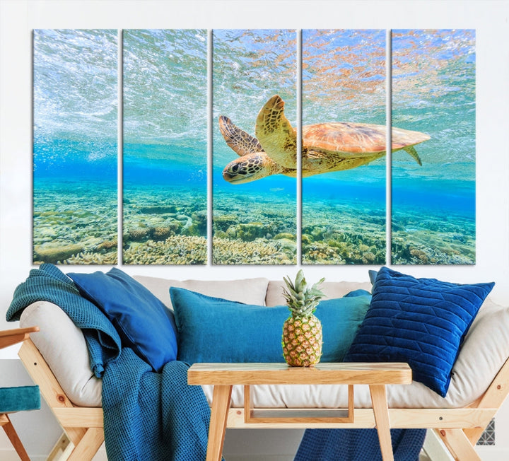 The "Sea Turtle Wall Art Canvas Print" features an enchanting scene of a sea turtle swimming underwater over coral. Crafted on museum-quality canvas with a UV-protective coating, this piece combines elegance and durability. Enjoy free shipping with your purchase.