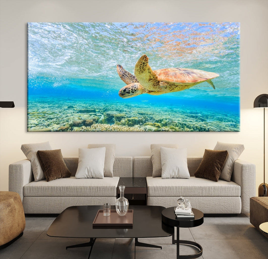 The "Sea Turtle Wall Art Canvas Print" features an enchanting scene of a sea turtle swimming underwater over coral. Crafted on museum-quality canvas with a UV-protective coating, this piece combines elegance and durability. Enjoy free shipping with your purchase.