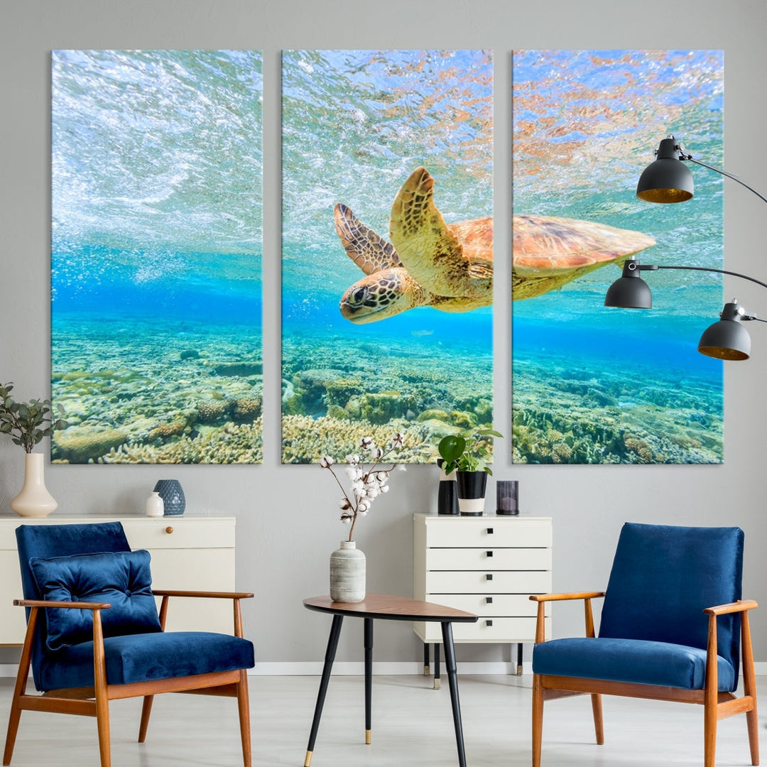 The "Sea Turtle Wall Art Canvas Print" features an enchanting scene of a sea turtle swimming underwater over coral. Crafted on museum-quality canvas with a UV-protective coating, this piece combines elegance and durability. Enjoy free shipping with your purchase.