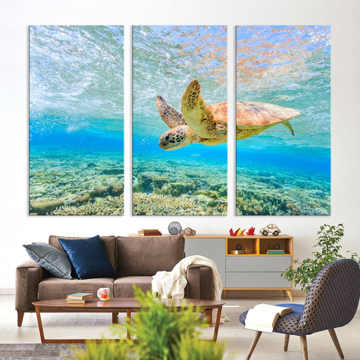 The "Sea Turtle Wall Art Canvas Print" features an enchanting scene of a sea turtle swimming underwater over coral. Crafted on museum-quality canvas with a UV-protective coating, this piece combines elegance and durability. Enjoy free shipping with your purchase.