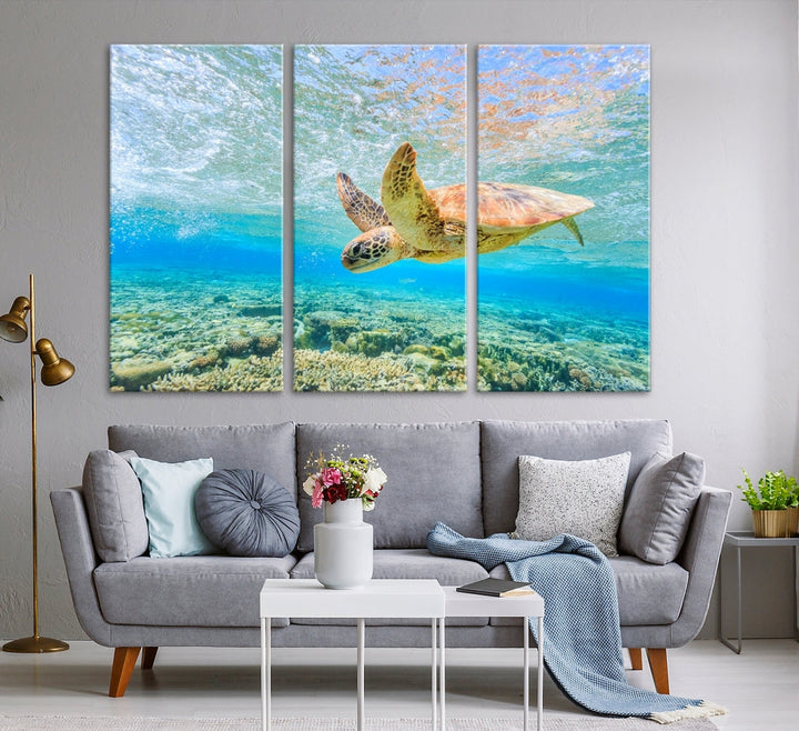 The "Sea Turtle Wall Art Canvas Print" features an enchanting scene of a sea turtle swimming underwater over coral. Crafted on museum-quality canvas with a UV-protective coating, this piece combines elegance and durability. Enjoy free shipping with your purchase.