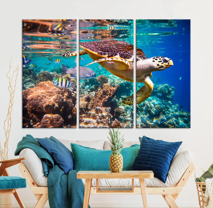 Sea Turtle Canvas Print, Vibrant Ocean Coral Reef Décor, ready to hang.