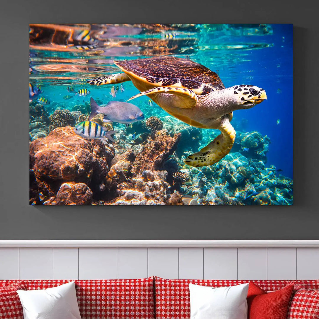 Sea Turtle Canvas Print, Vibrant Ocean Coral Reef Décor, ready to hang.