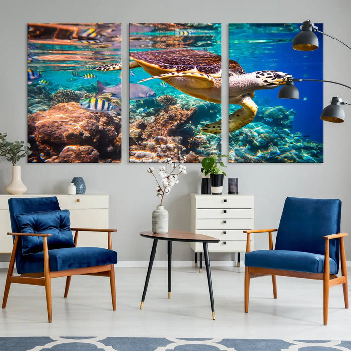 Sea Turtle Canvas Print, Vibrant Ocean Coral Reef Décor, ready to hang.