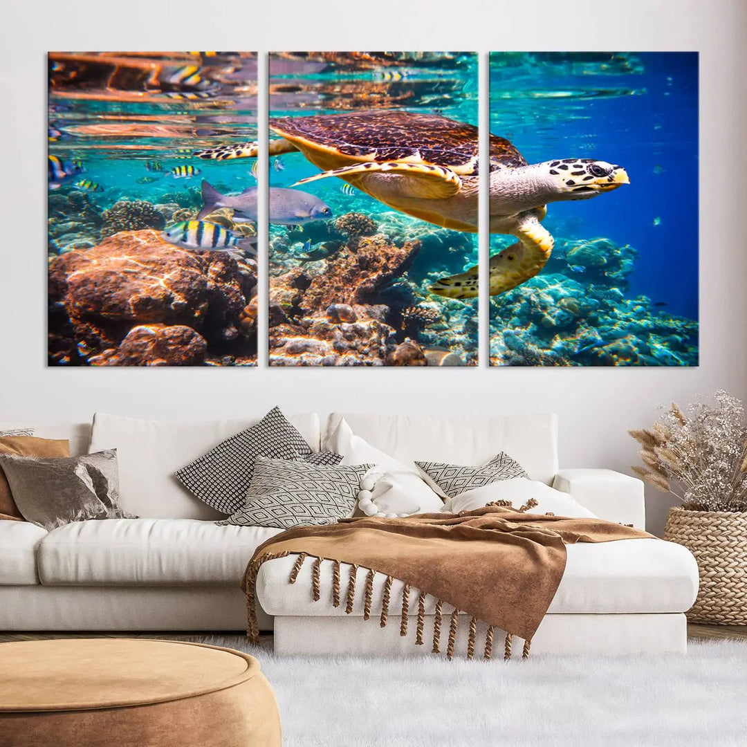 Sea Turtle Canvas Print, Vibrant Ocean Coral Reef Décor, ready to hang.