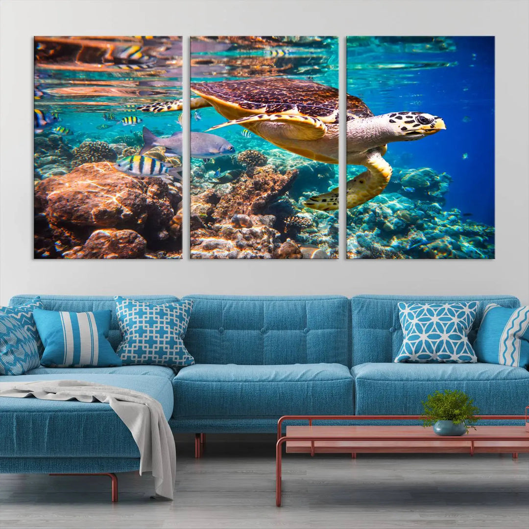 Sea Turtle Canvas Print, Vibrant Ocean Coral Reef Décor, ready to hang.