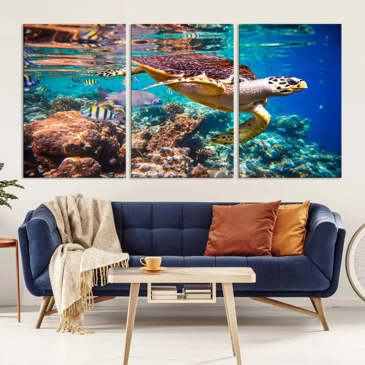 Sea Turtle Canvas Print, Vibrant Ocean Coral Reef Décor, ready to hang.