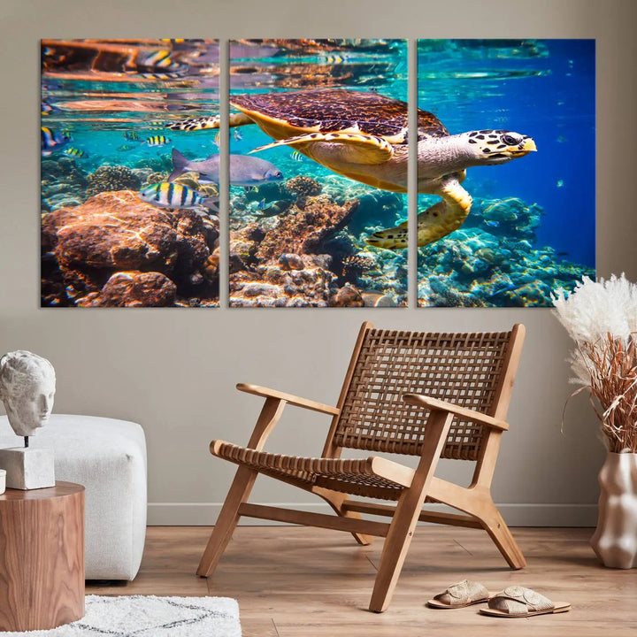 Sea Turtle Canvas Print, Vibrant Ocean Coral Reef Décor, ready to hang.